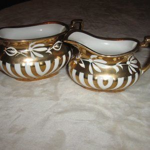 Sugar Bowl And Creamer Set in Gold And Cream Color